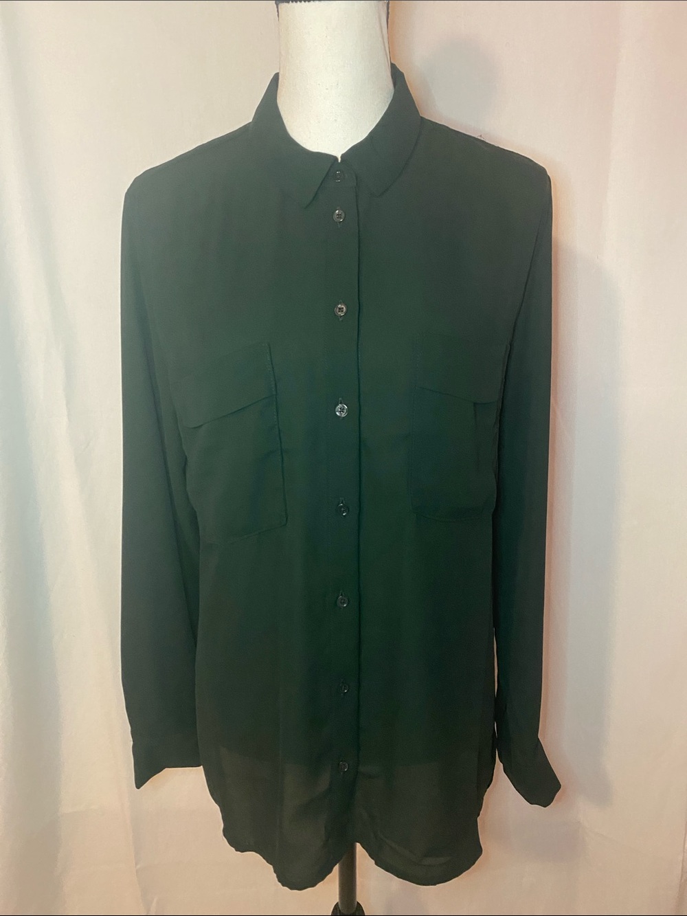 Premise Dark Forest Green Long Sleeve Button-Up Blouse